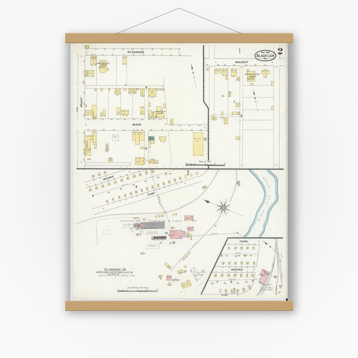 Old map wall art mockup — magnetic wood frame on white wall — Sanborn Fire Insurance Map from Black Lick, Indiana County, Pennsylvania (1909), Sheet #0002