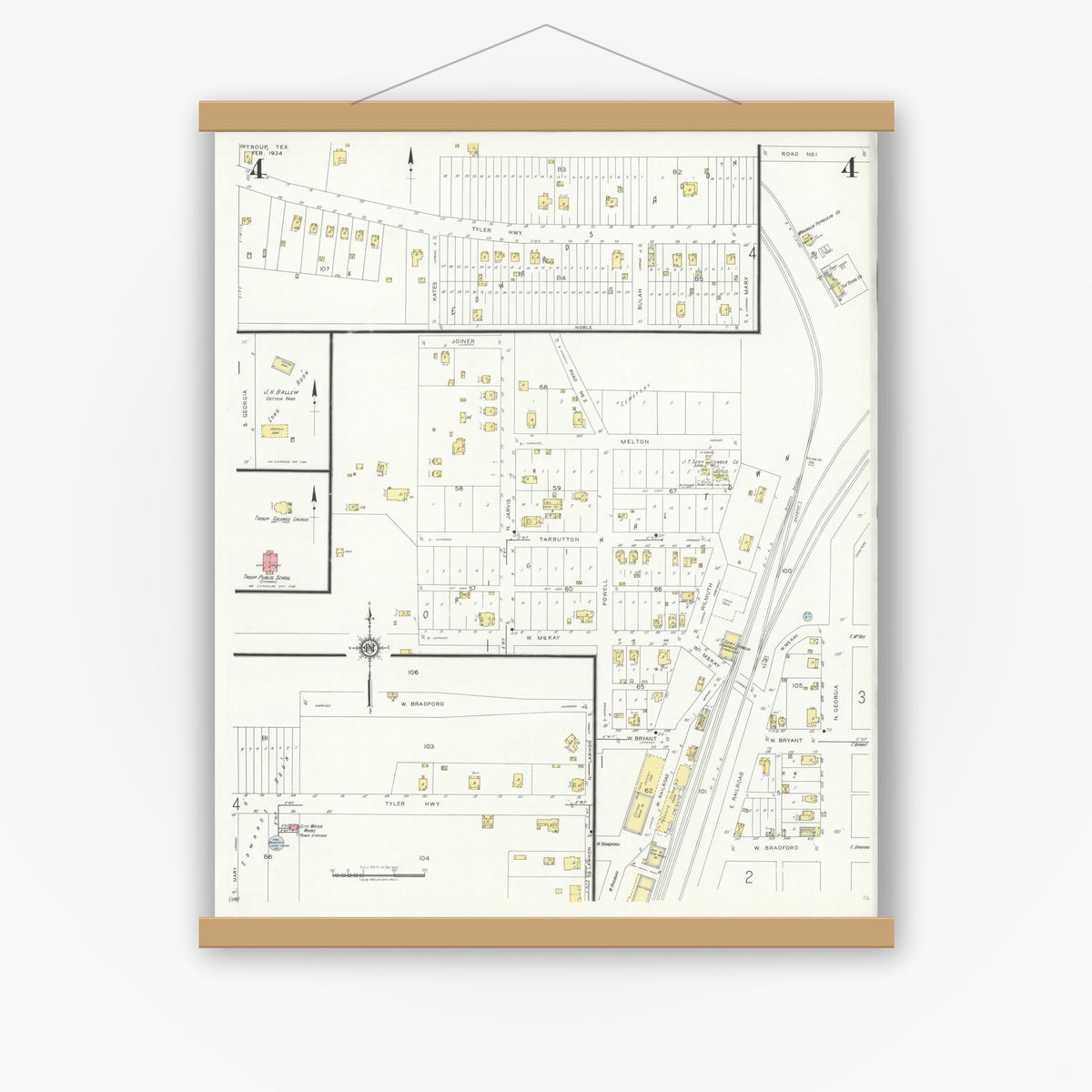 Old map wall art mockup — magnetic wood frame on white wall — Sanborn Fire Insurance Map from Troup, Smith County, Texas (1934), Sheet #0004