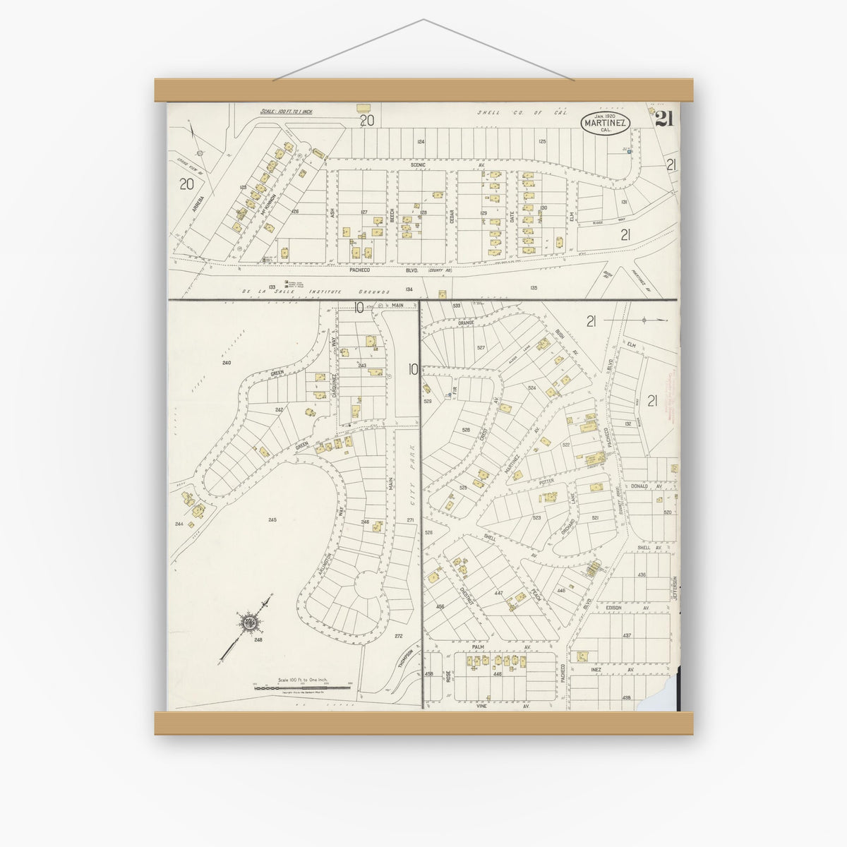 Old map wall art mockup — magnetic wood frame on white wall — Sanborn Fire Insurance Map from Martinez, Contra Costa County, California (1920), Sheet #0021