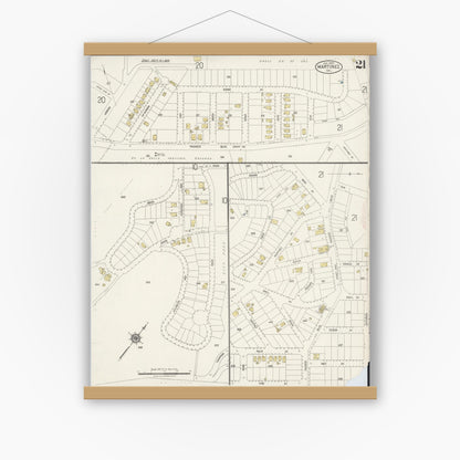 Old map wall art mockup — magnetic wood frame on white wall — Sanborn Fire Insurance Map from Martinez, Contra Costa County, California (1920), Sheet #0021