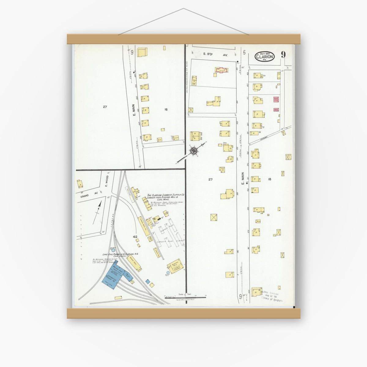 Old map wall art mockup — magnetic wood frame on white wall — Sanborn Fire Insurance Map from Clarion, Clarion County, Pennsylvania (1919), Sheet #0009