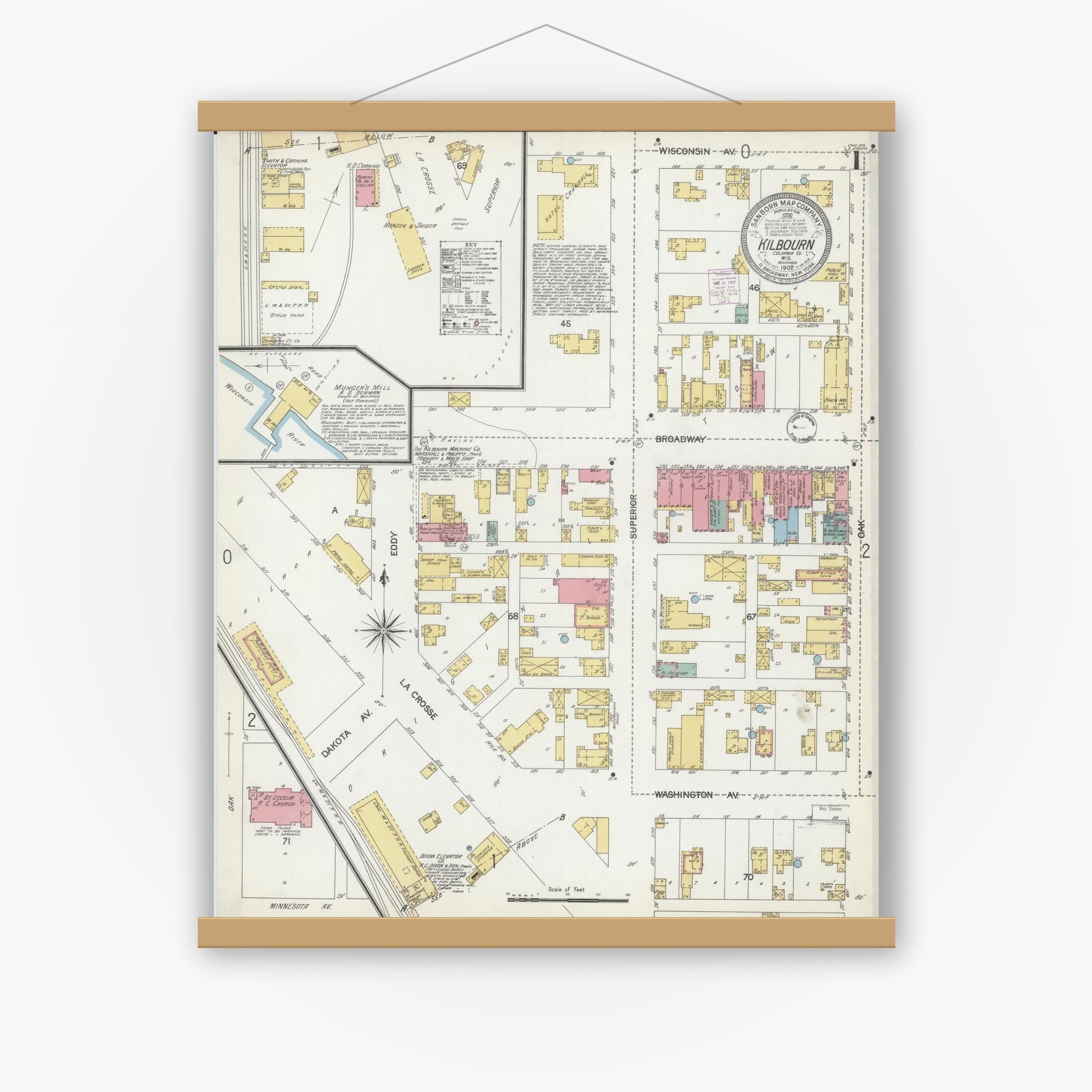 Old map wall art mockup — magnetic wood frame on white wall — Sanborn Fire Insurance Map from Kilbourn, Columbia County, Wisconsin (1902) - Complete Map Set
