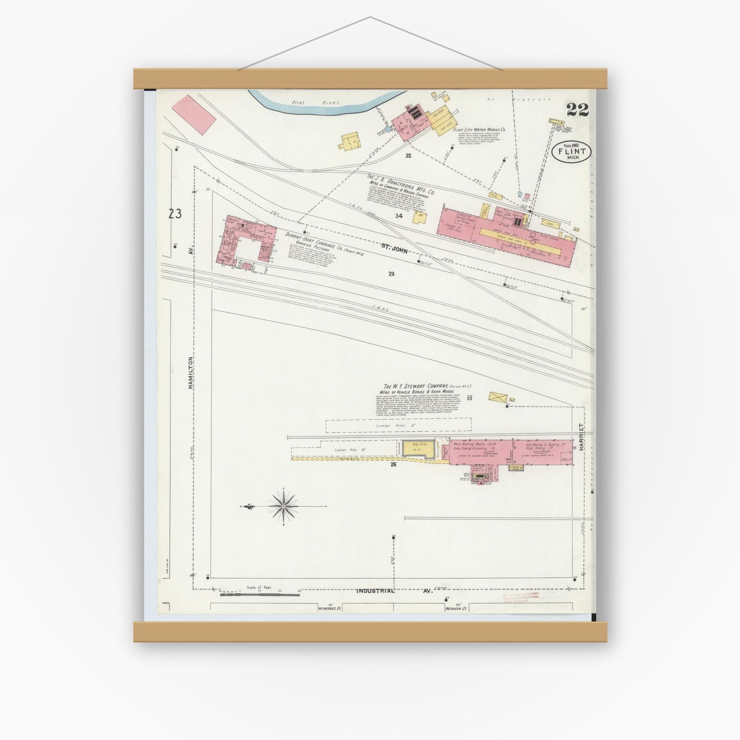 Old map wall art mockup — magnetic wood frame on white wall — Sanborn Fire Insurance Map from Flint, Genesee County, Michigan (1902), Sheet #0022