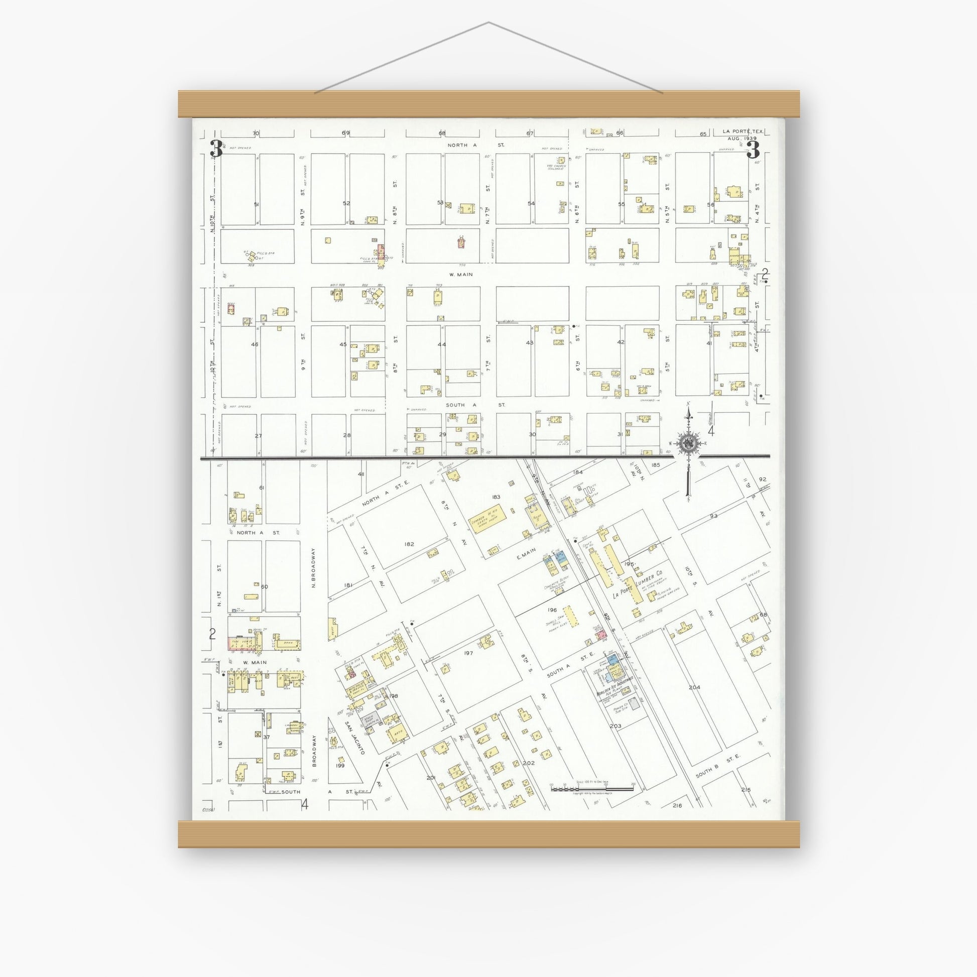 Old map wall art mockup — magnetic wood frame on white wall — Sanborn Fire Insurance Map from La Porte, Harris County, Texas (1939), Sheet #0003