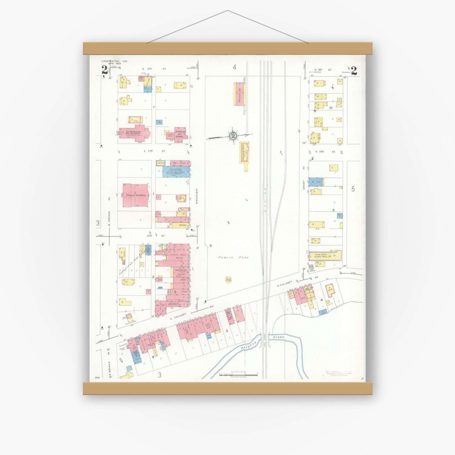Old map wall art mockup — magnetic wood frame on white wall — Sanborn Fire Insurance Map from Chesterton, Porter County, Indiana (1935), Sheet #0002