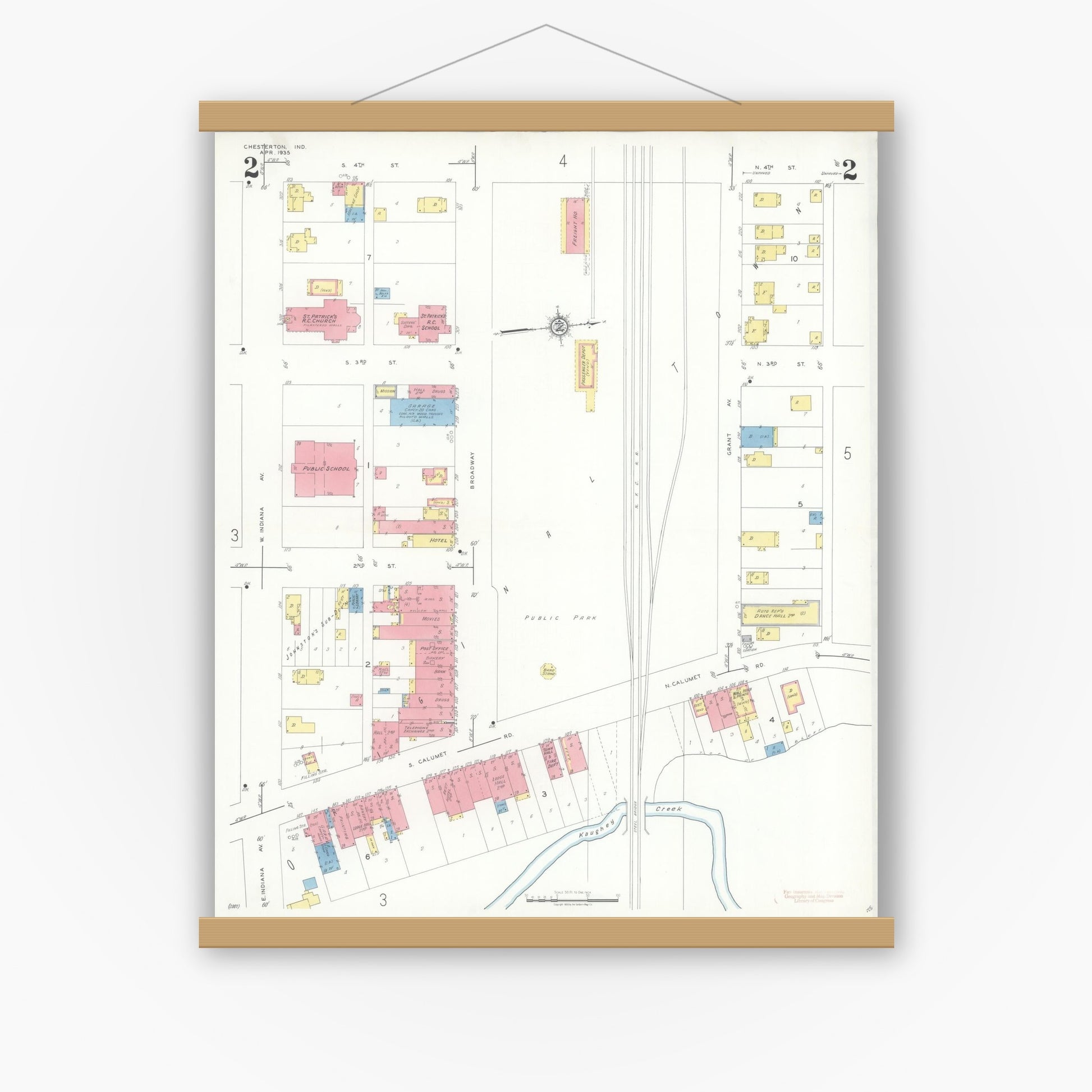 Old map wall art mockup — magnetic wood frame on white wall — Sanborn Fire Insurance Map from Chesterton, Porter County, Indiana (1935), Sheet #0002