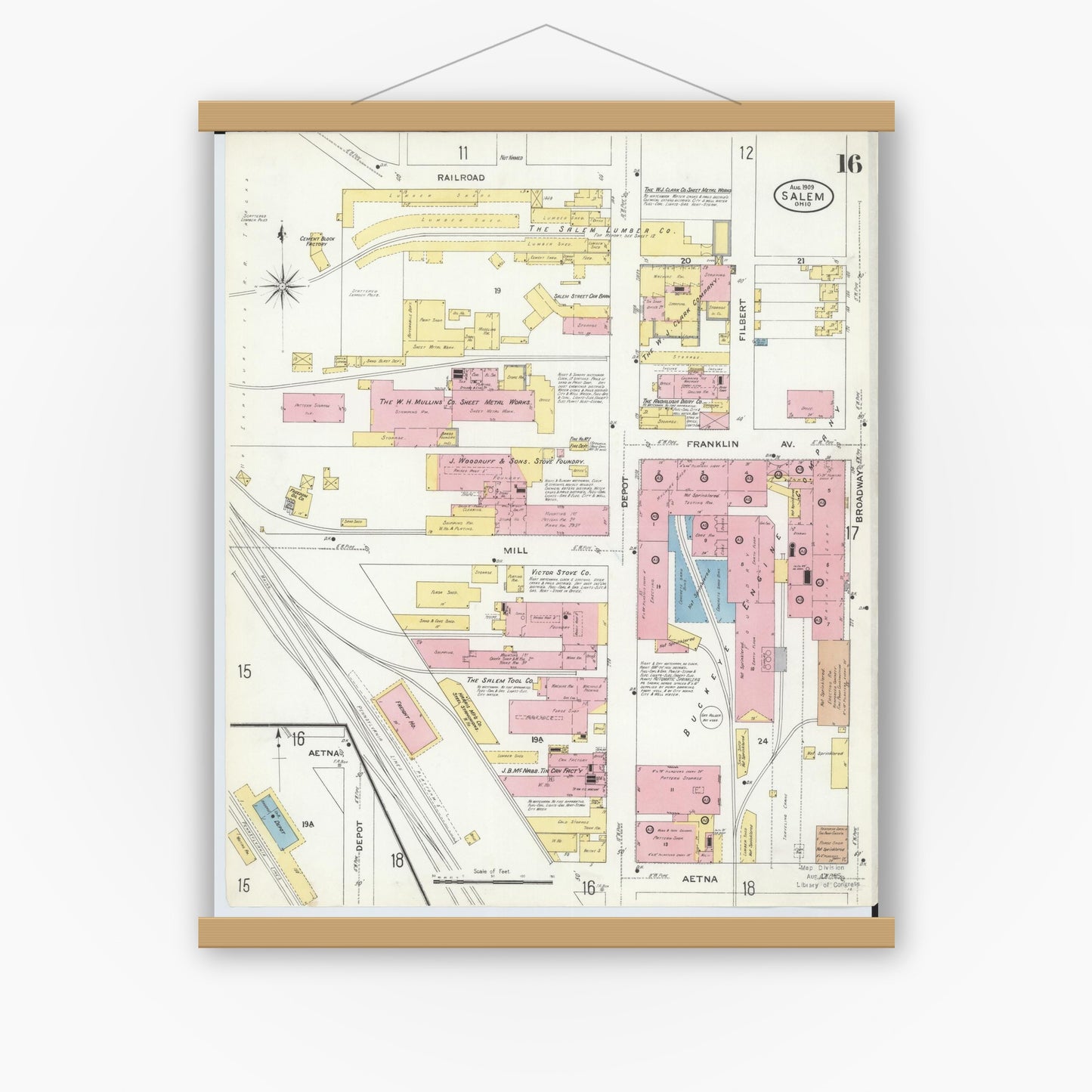 Old map wall art mockup — magnetic wood frame on white wall — Sanborn Fire Insurance Map from Salem, Columbiana County, Ohio (1909), Sheet #0016