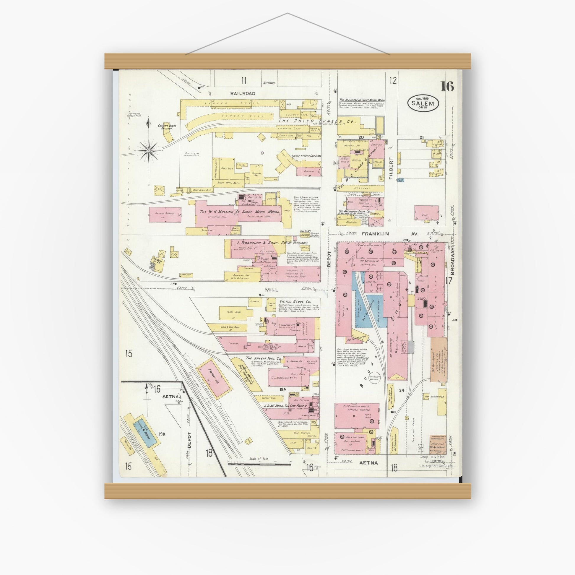 Old map wall art mockup — magnetic wood frame on white wall — Sanborn Fire Insurance Map from Salem, Columbiana County, Ohio (1909), Sheet #0016