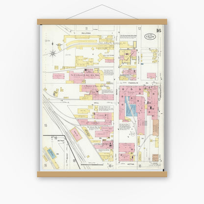 Old map wall art mockup — magnetic wood frame on white wall — Sanborn Fire Insurance Map from Salem, Columbiana County, Ohio (1909), Sheet #0016
