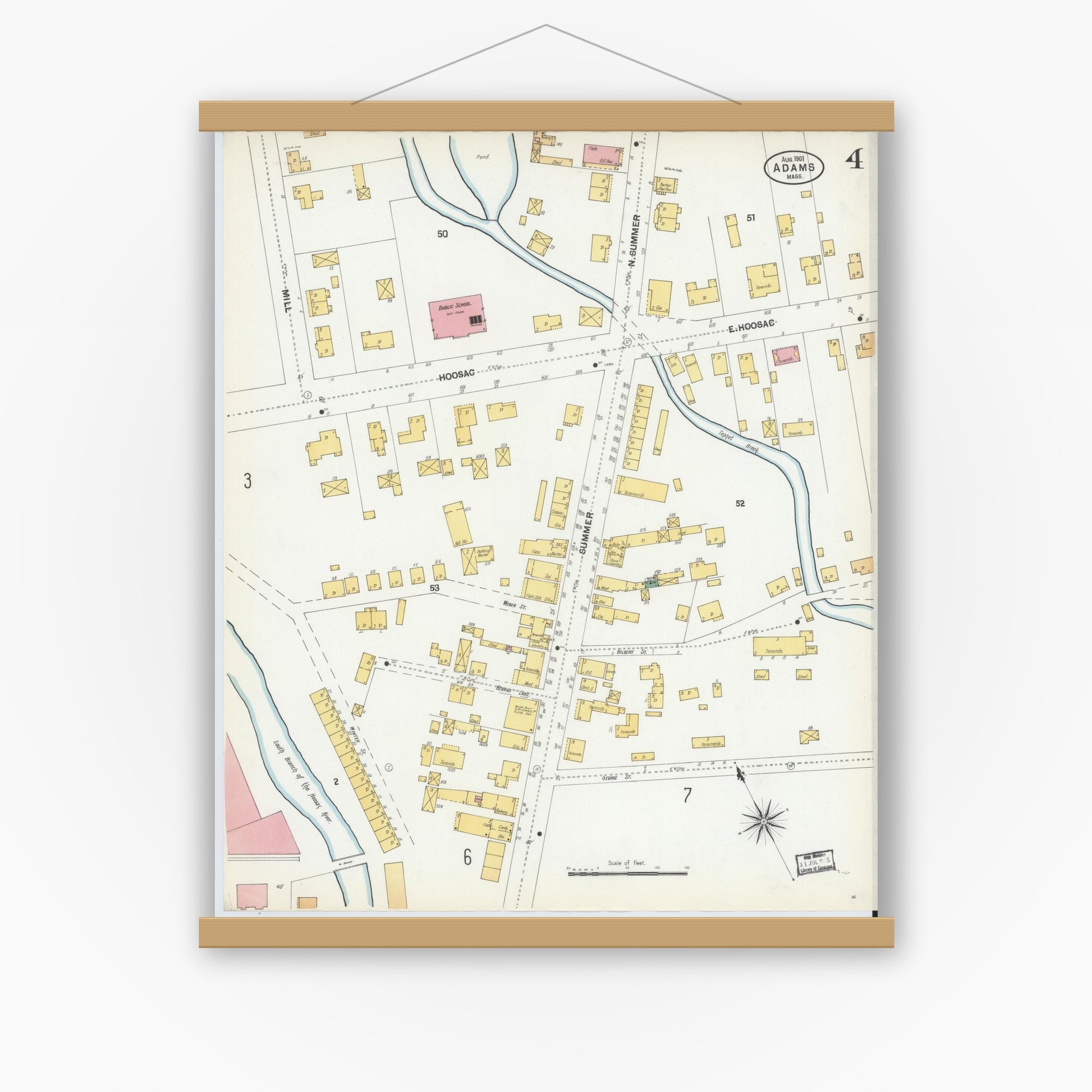 Old map wall art mockup — magnetic wood frame on white wall — Sanborn Fire Insurance Map from Adams, Berkshire County, Massachusetts (1901), Sheet #0004