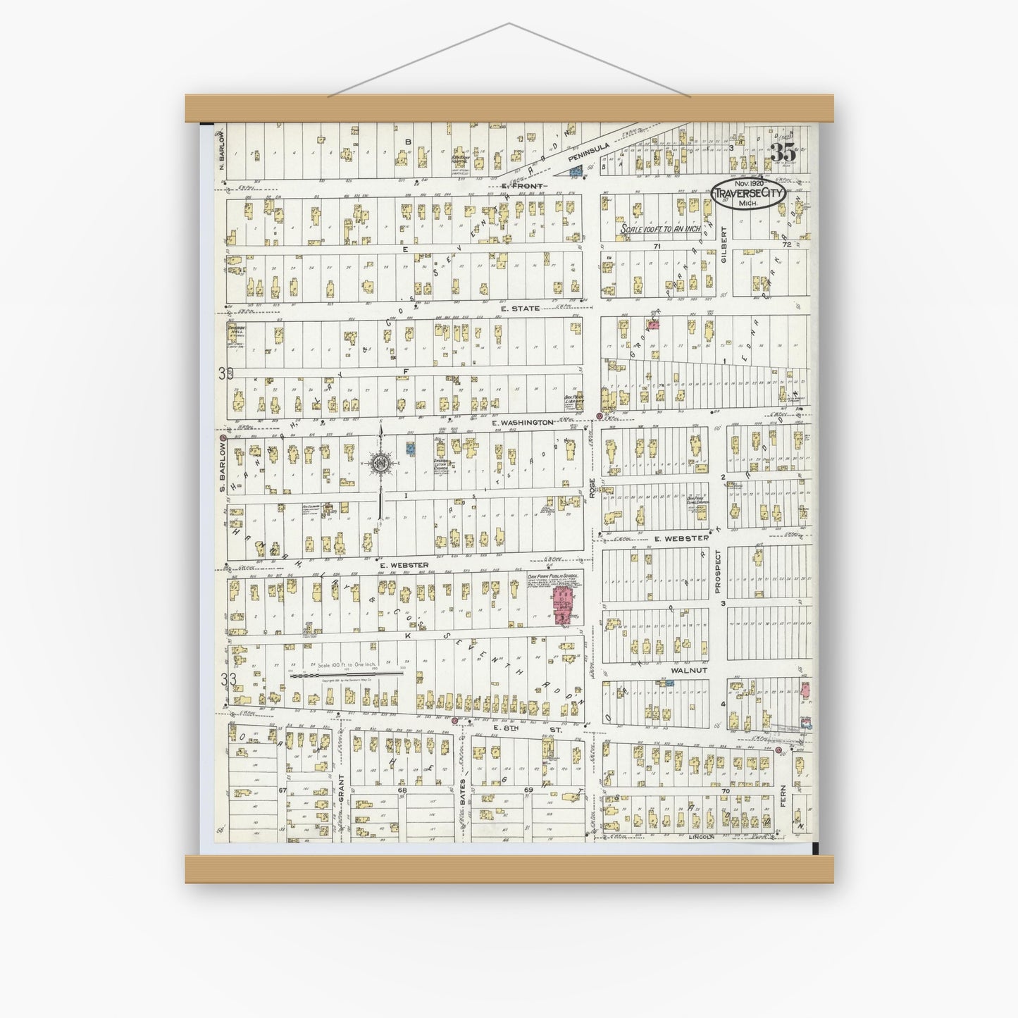 Old map wall art mockup — magnetic wood frame on white wall — Sanborn Fire Insurance Map from Traverse City, Grand Traverse County, Michigan (1920), Sheet #0035