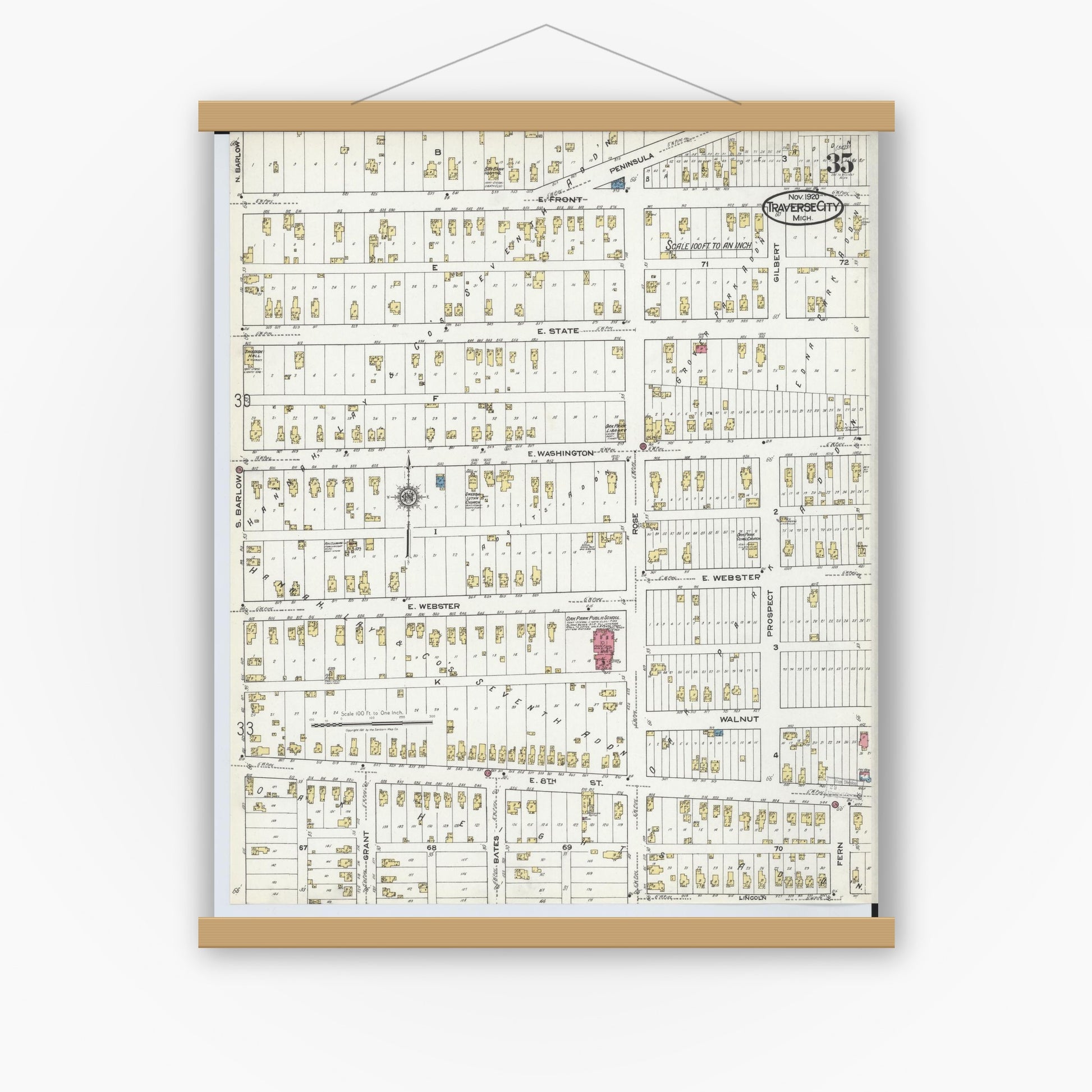 Old map wall art mockup — magnetic wood frame on white wall — Sanborn Fire Insurance Map from Traverse City, Grand Traverse County, Michigan (1920), Sheet #0035
