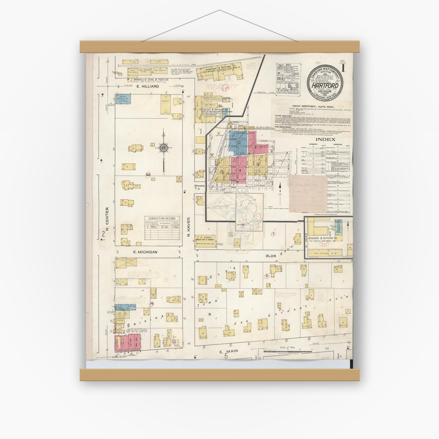 Old map wall art mockup — magnetic wood frame on white wall — Sanborn Fire Insurance Map from Hartford, Van Buren County, Michigan (1933), Sheet #0001