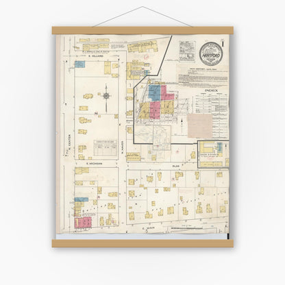Old map wall art mockup — magnetic wood frame on white wall — Sanborn Fire Insurance Map from Hartford, Van Buren County, Michigan (1933), Sheet #0001