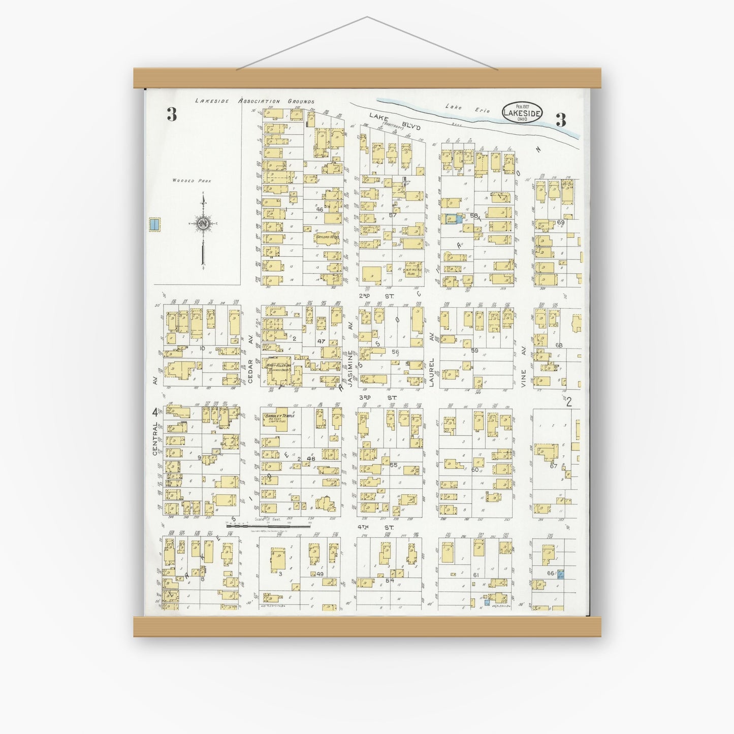 Old map wall art mockup — magnetic wood frame on white wall — Sanborn Fire Insurance Map from Lakeside, Ottawa County, Ohio (1927), Sheet #0003