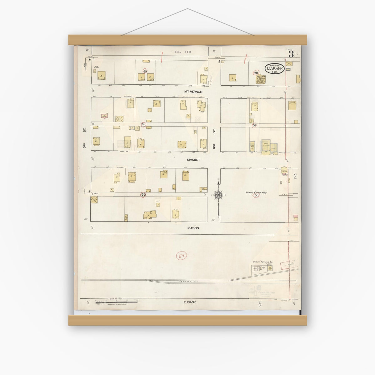 Old map wall art mockup — magnetic wood frame on white wall — Sanborn Fire Insurance Map from Mabank, Kaufman County, Texas (1934), Sheet #0003