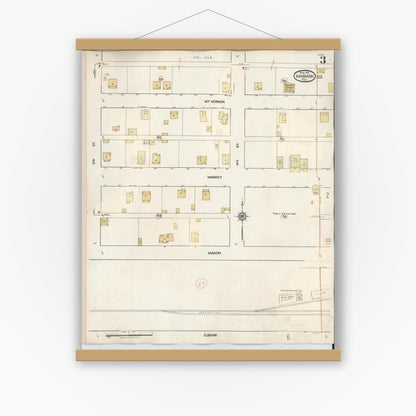 Old map wall art mockup — magnetic wood frame on white wall — Sanborn Fire Insurance Map from Mabank, Kaufman County, Texas (1934), Sheet #0003