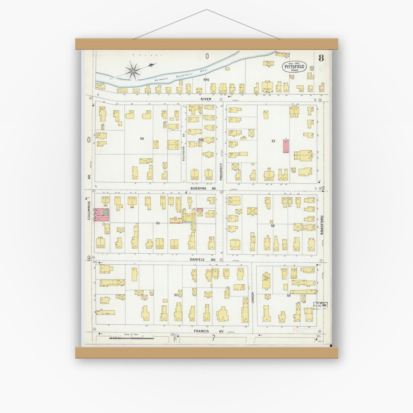 Old map wall art mockup — magnetic wood frame on white wall — Sanborn Fire Insurance Map from Pittsfield, Berkshire County, Massachusetts (1900), Sheet #0008
