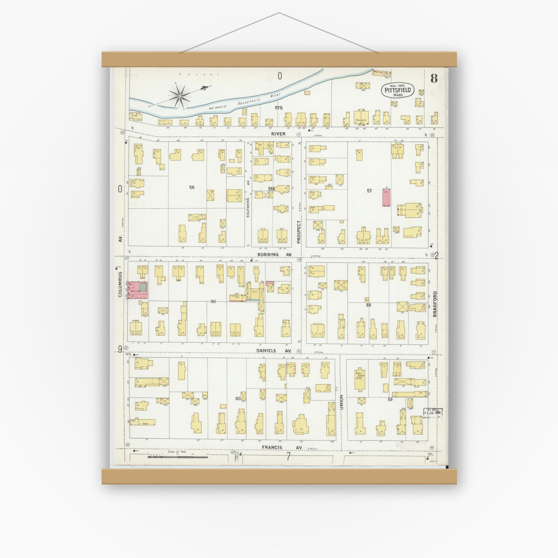 Old map wall art mockup — magnetic wood frame on white wall — Sanborn Fire Insurance Map from Pittsfield, Berkshire County, Massachusetts (1900), Sheet #0008