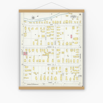 Old map wall art mockup — magnetic wood frame on white wall — Sanborn Fire Insurance Map from Pittsfield, Berkshire County, Massachusetts (1900), Sheet #0008