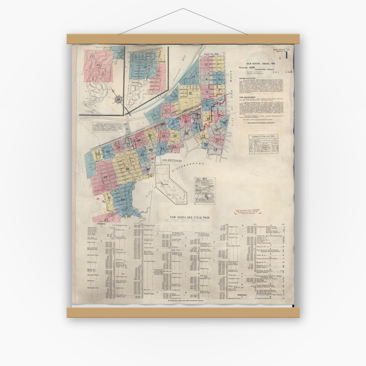 Old map wall art mockup — magnetic wood frame on white wall — Sanborn Fire Insurance Map from Burlingame, San Mateo County, California (1949) - Complete Map Set