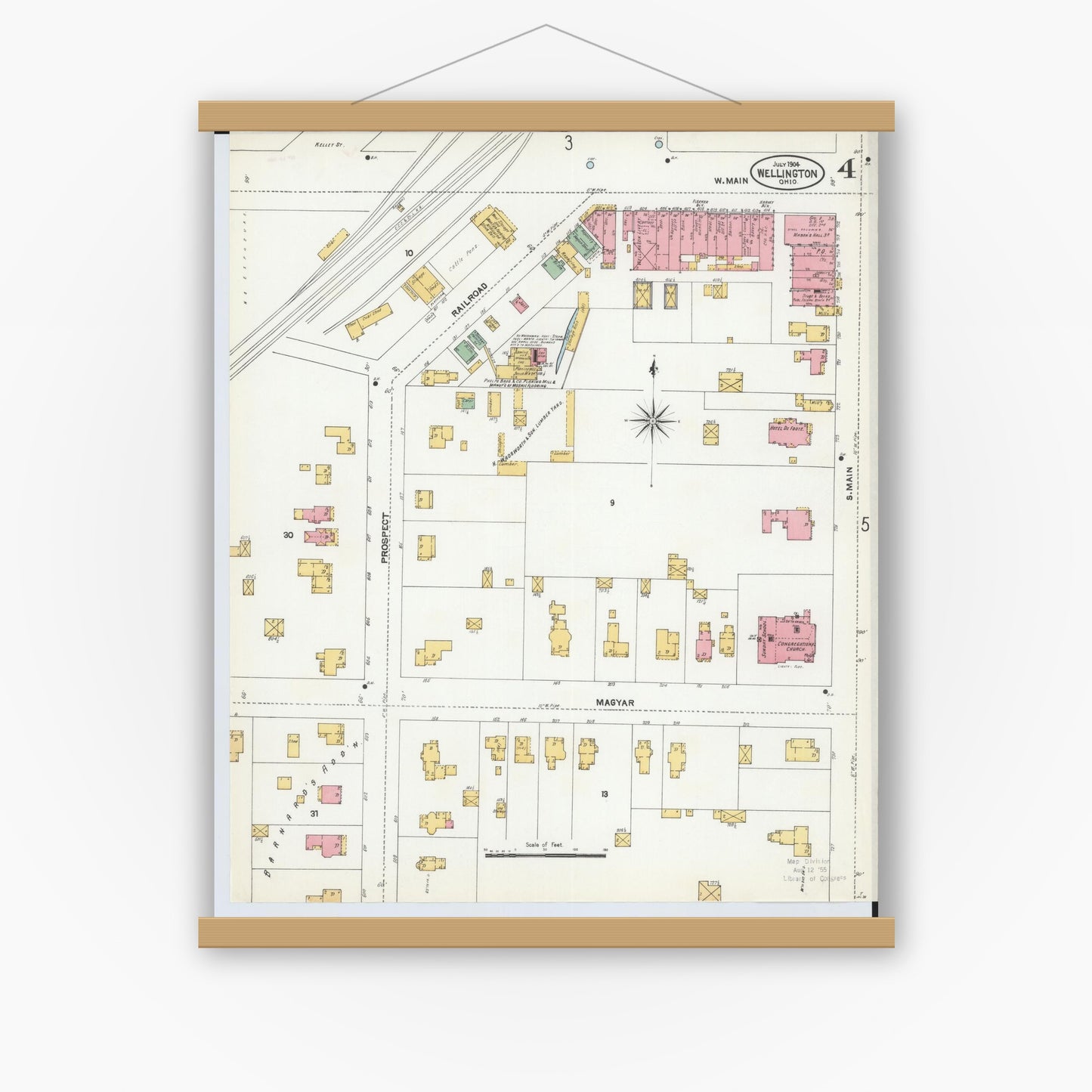 Old map wall art mockup — magnetic wood frame on white wall — Sanborn Fire Insurance Map from Wellington, Lorain County, Ohio (1904), Sheet #0004