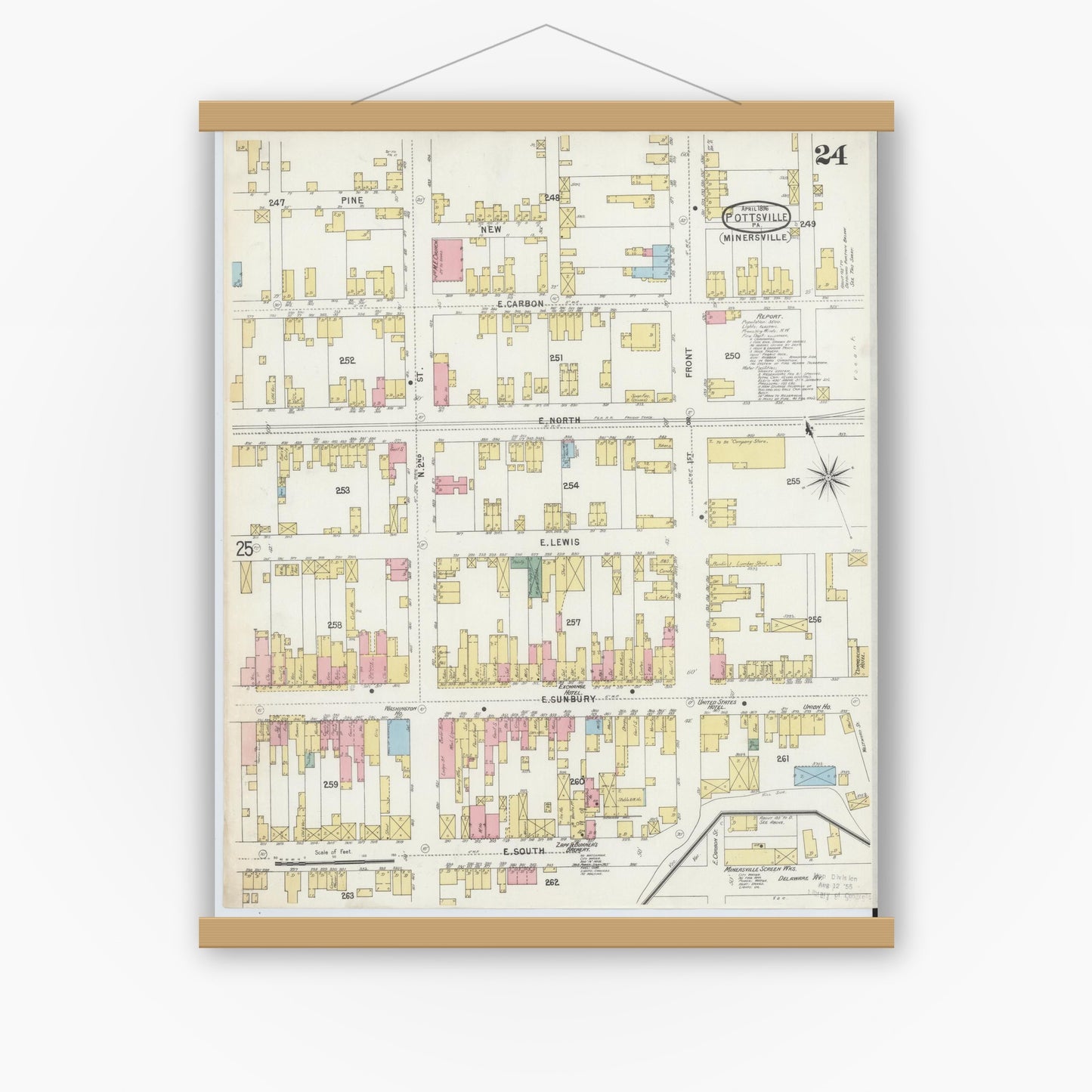 Old map wall art mockup — magnetic wood frame on white wall — Sanborn Fire Insurance Map from Pottsville, Schuylkill County, Pennsylvania (1895), Sheet #0024