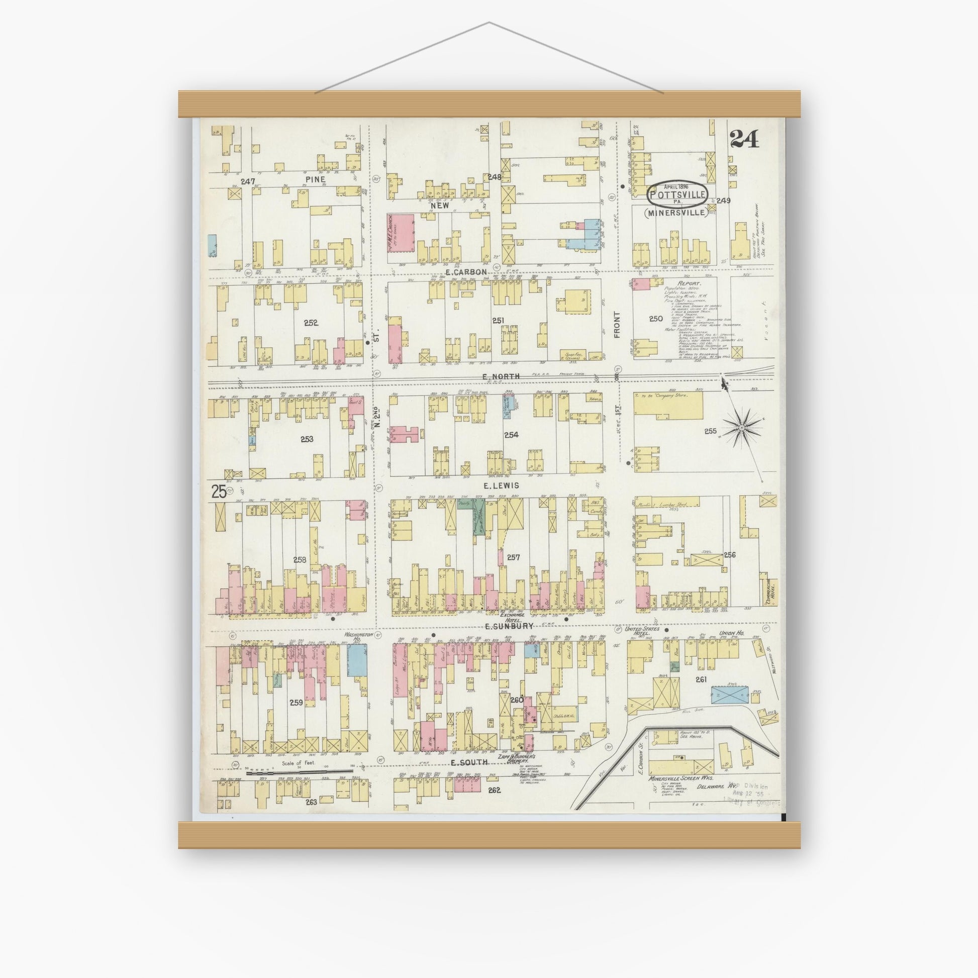 Old map wall art mockup — magnetic wood frame on white wall — Sanborn Fire Insurance Map from Pottsville, Schuylkill County, Pennsylvania (1895), Sheet #0024