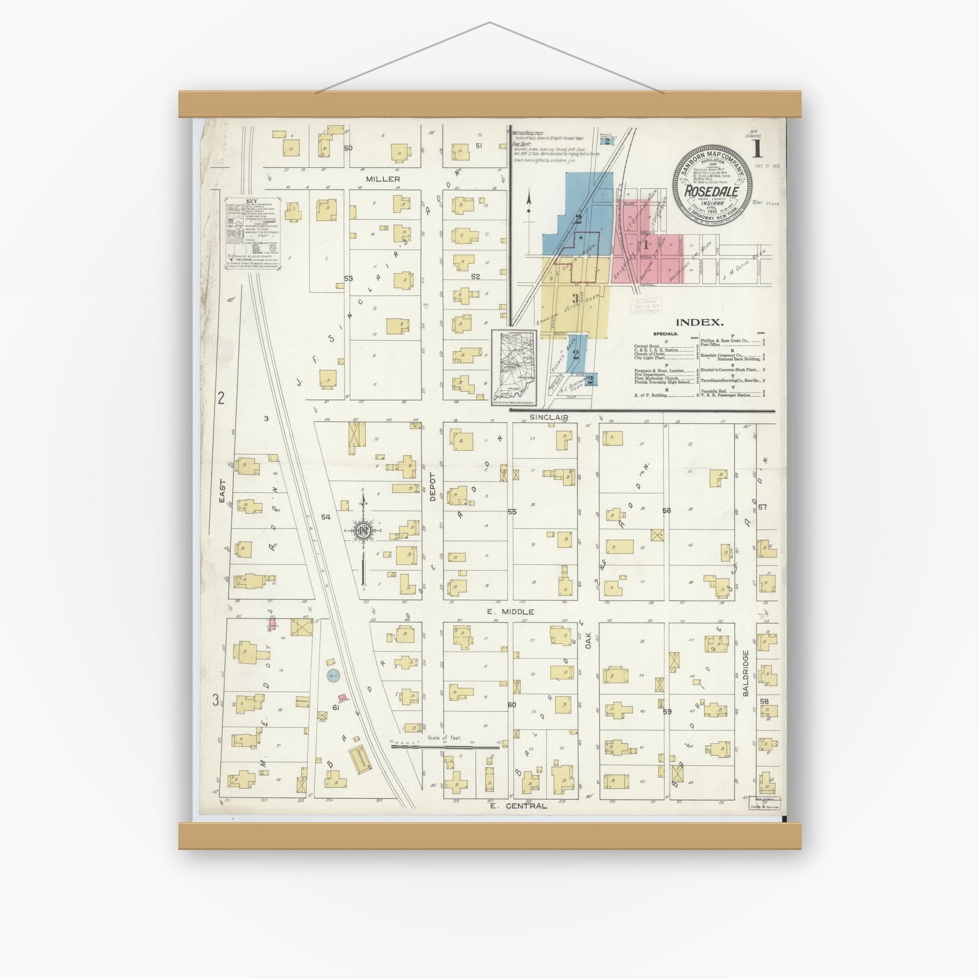 Old map wall art mockup — magnetic wood frame on white wall — Sanborn Fire Insurance Map from Rosedale, Parke County, Indiana (1913), Sheet #0001