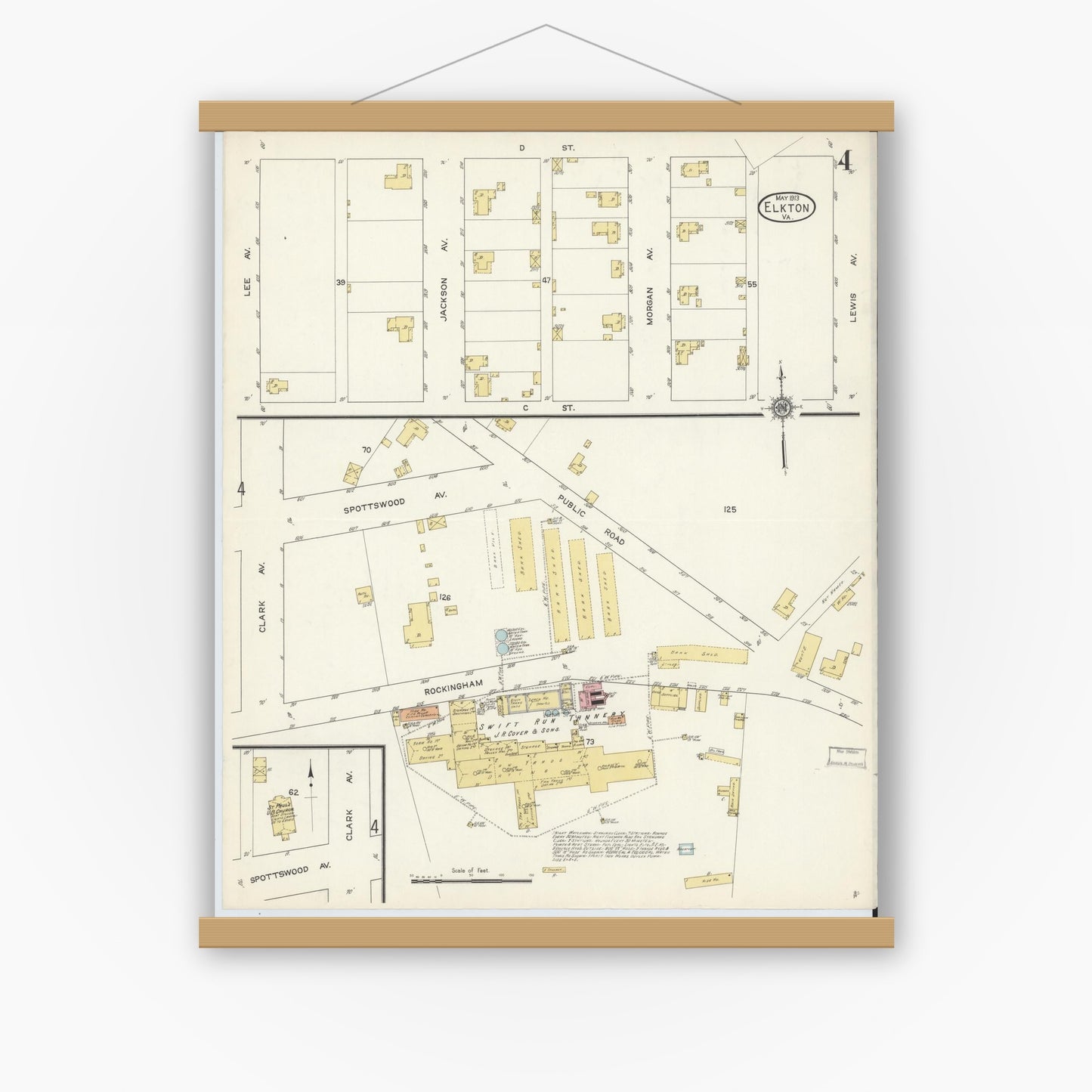 Old map wall art mockup — magnetic wood frame on white wall — Sanborn Fire Insurance Map from Elkton, Rockingham County, Virginia (1913), Sheet #0004
