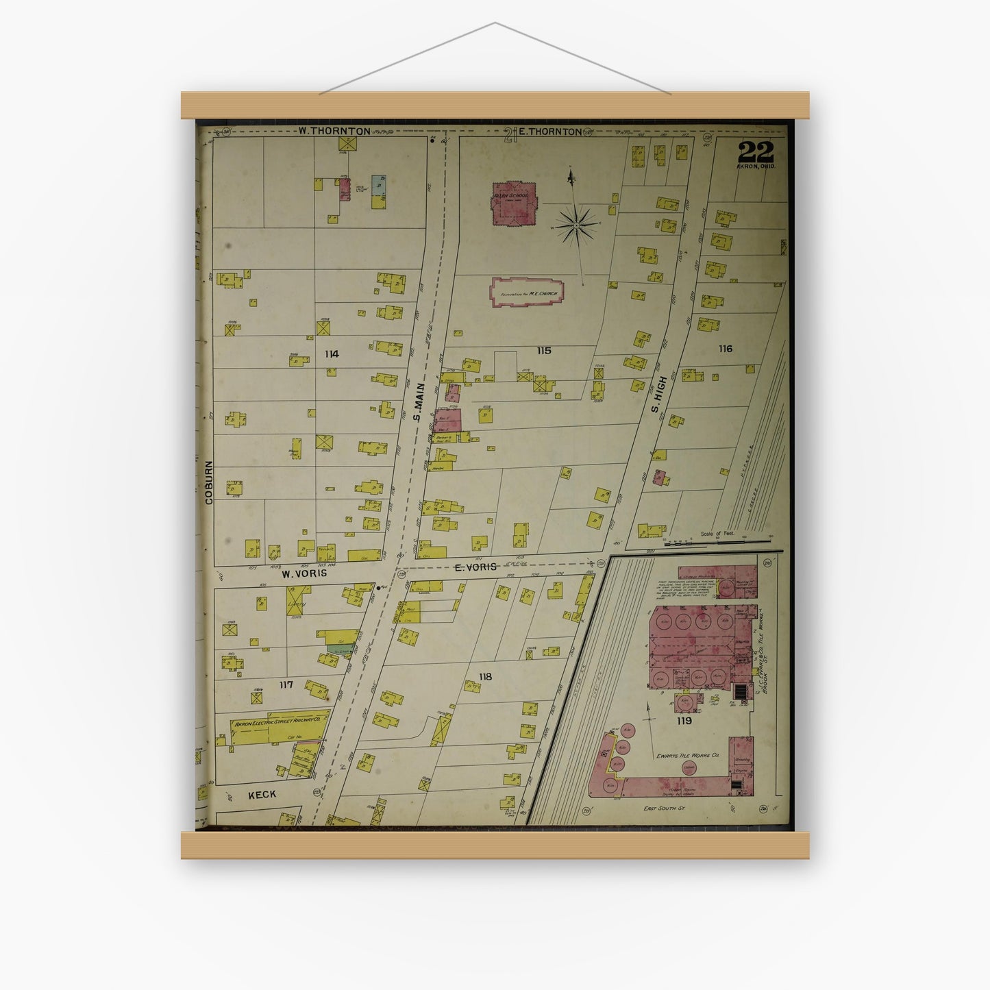 Old map wall art mockup — magnetic wood frame on white wall — Sanborn Fire Insurance Map from Akron, Summit County, Ohio (1892), Sheet #0022