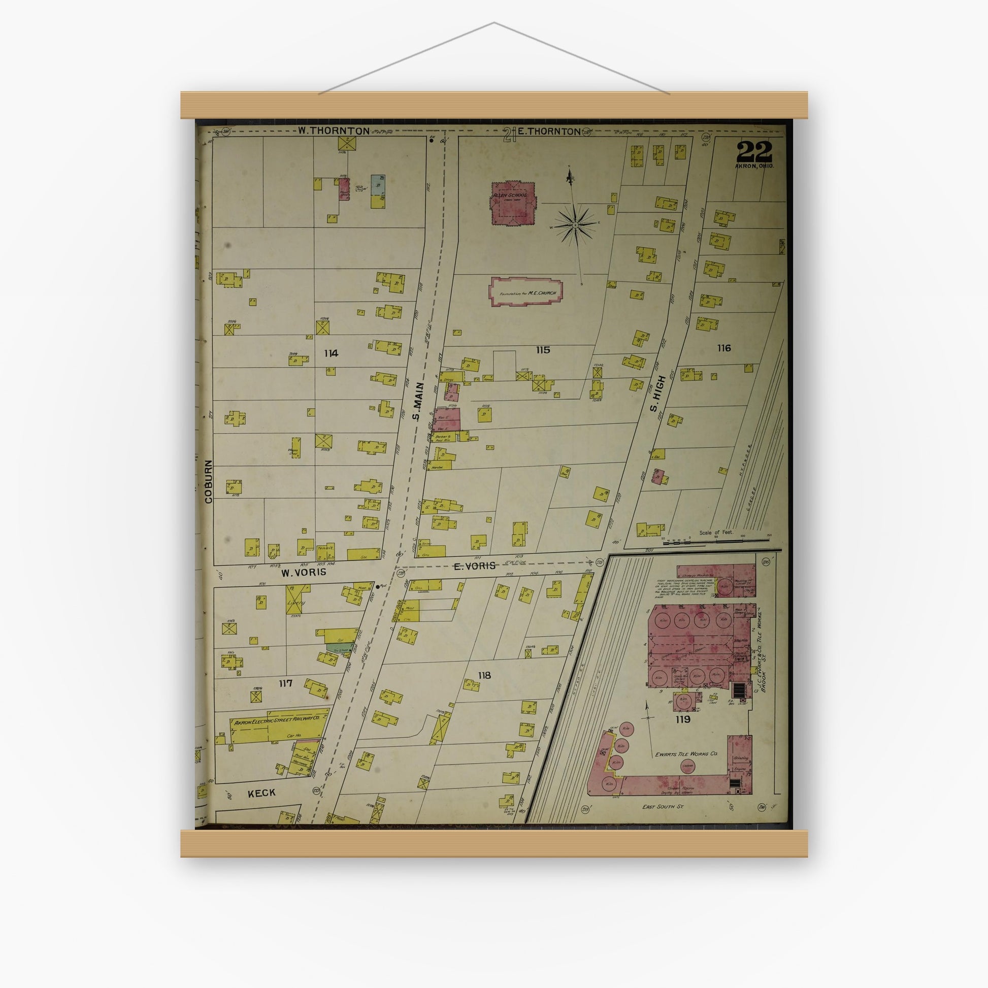 Old map wall art mockup — magnetic wood frame on white wall — Sanborn Fire Insurance Map from Akron, Summit County, Ohio (1892), Sheet #0022