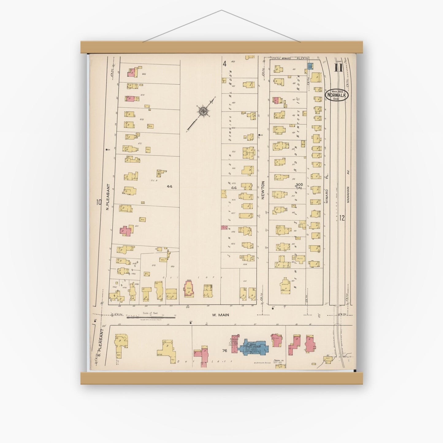 Old map wall art mockup — magnetic wood frame on white wall — Sanborn Fire Insurance Map from Norwalk, Huron County, Ohio (1922), Sheet #0011