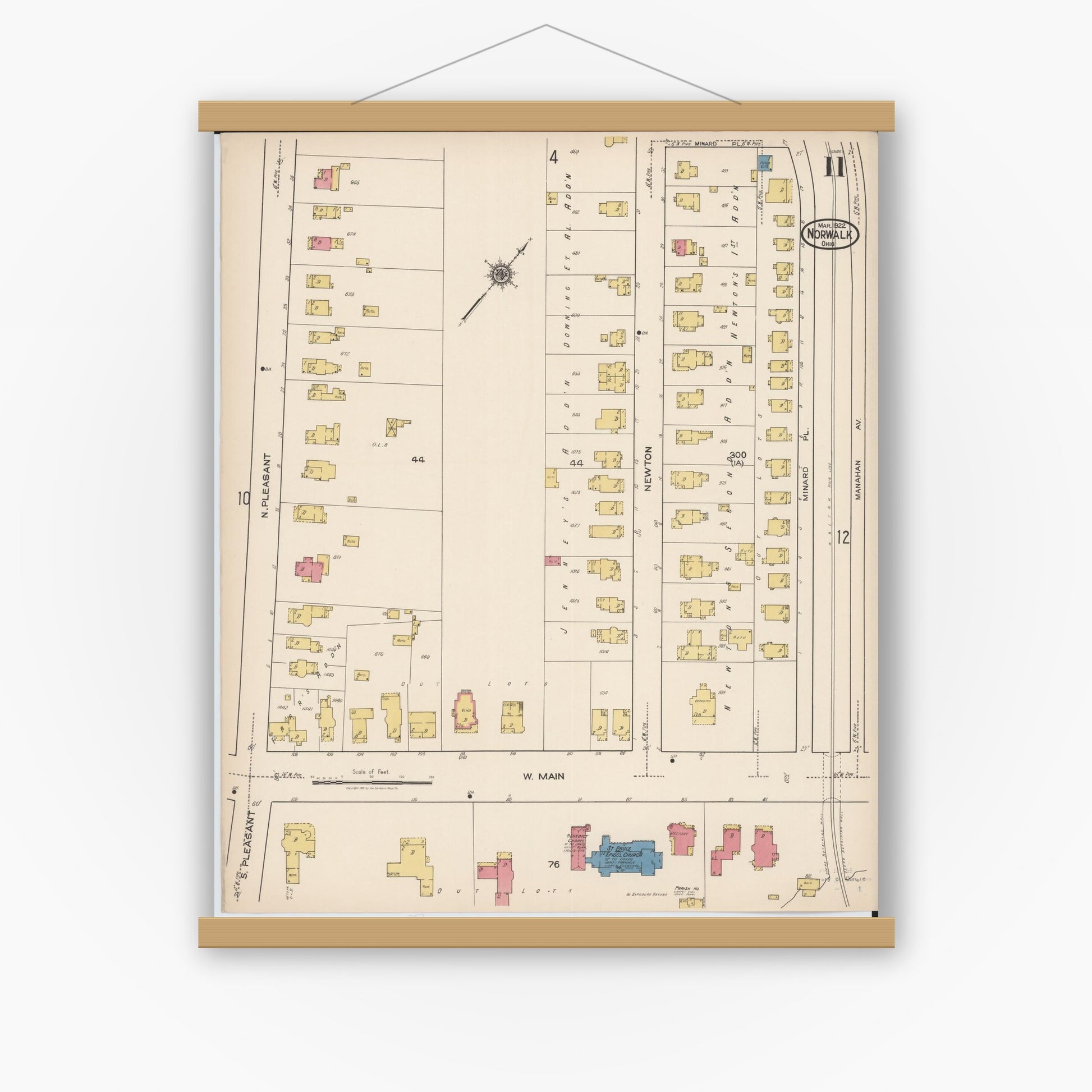 Old map wall art mockup — magnetic wood frame on white wall — Sanborn Fire Insurance Map from Norwalk, Huron County, Ohio (1922), Sheet #0011