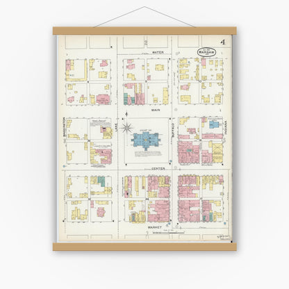 Old map wall art mockup — magnetic wood frame on white wall — Sanborn Fire Insurance Map from Warsaw, Kosciusko County, Indiana (1892), Sheet #0004