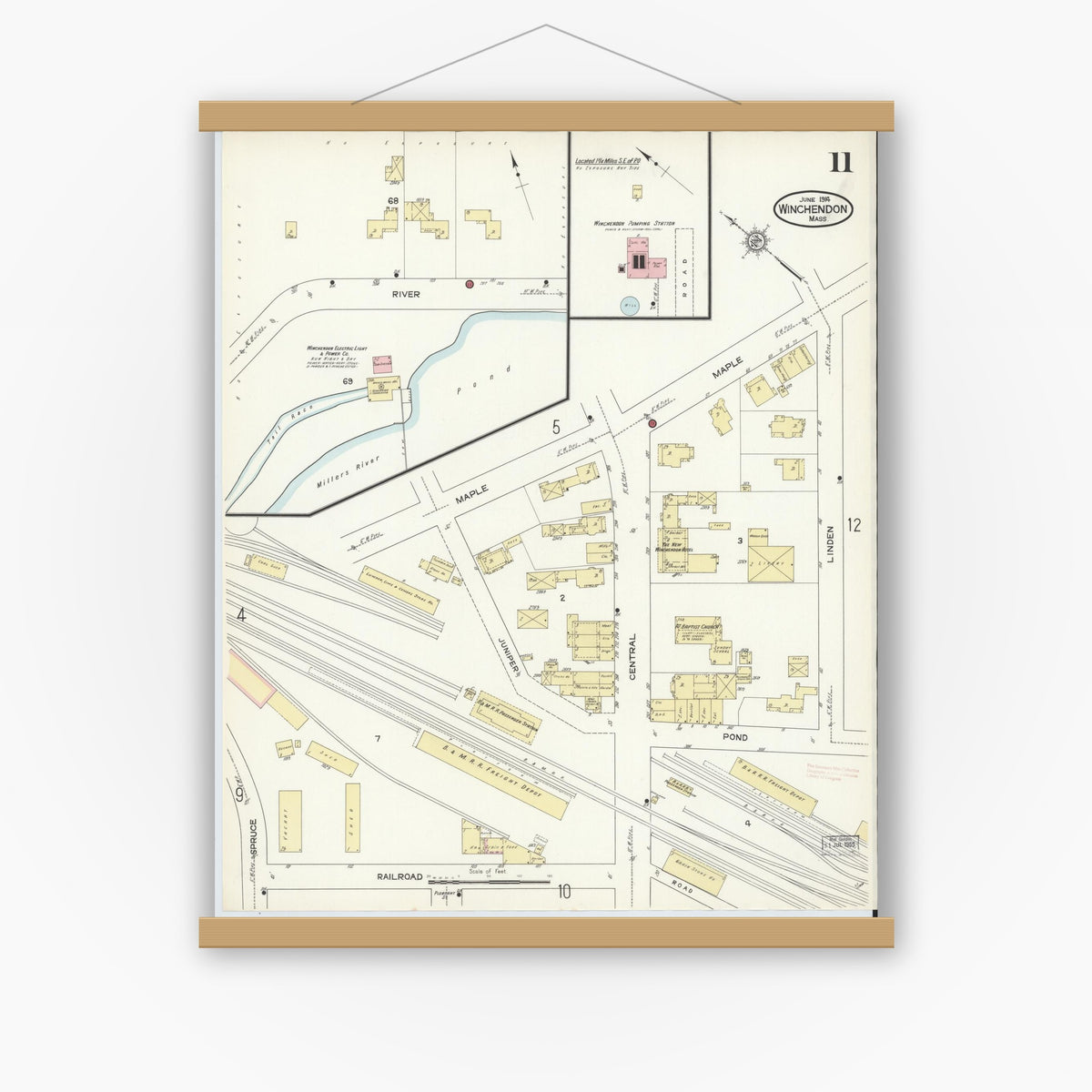 Old map wall art mockup — magnetic wood frame on white wall — Sanborn Fire Insurance Map from Winchendon, Worcester County, Massachusetts (1914), Sheet #0011