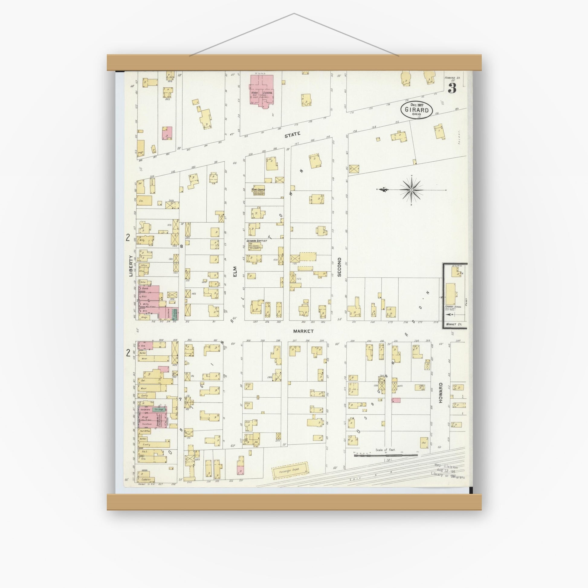 Old map wall art mockup — magnetic wood frame on white wall — Sanborn Fire Insurance Map from Girard, Trumbull County, Ohio (1907), Sheet #0003