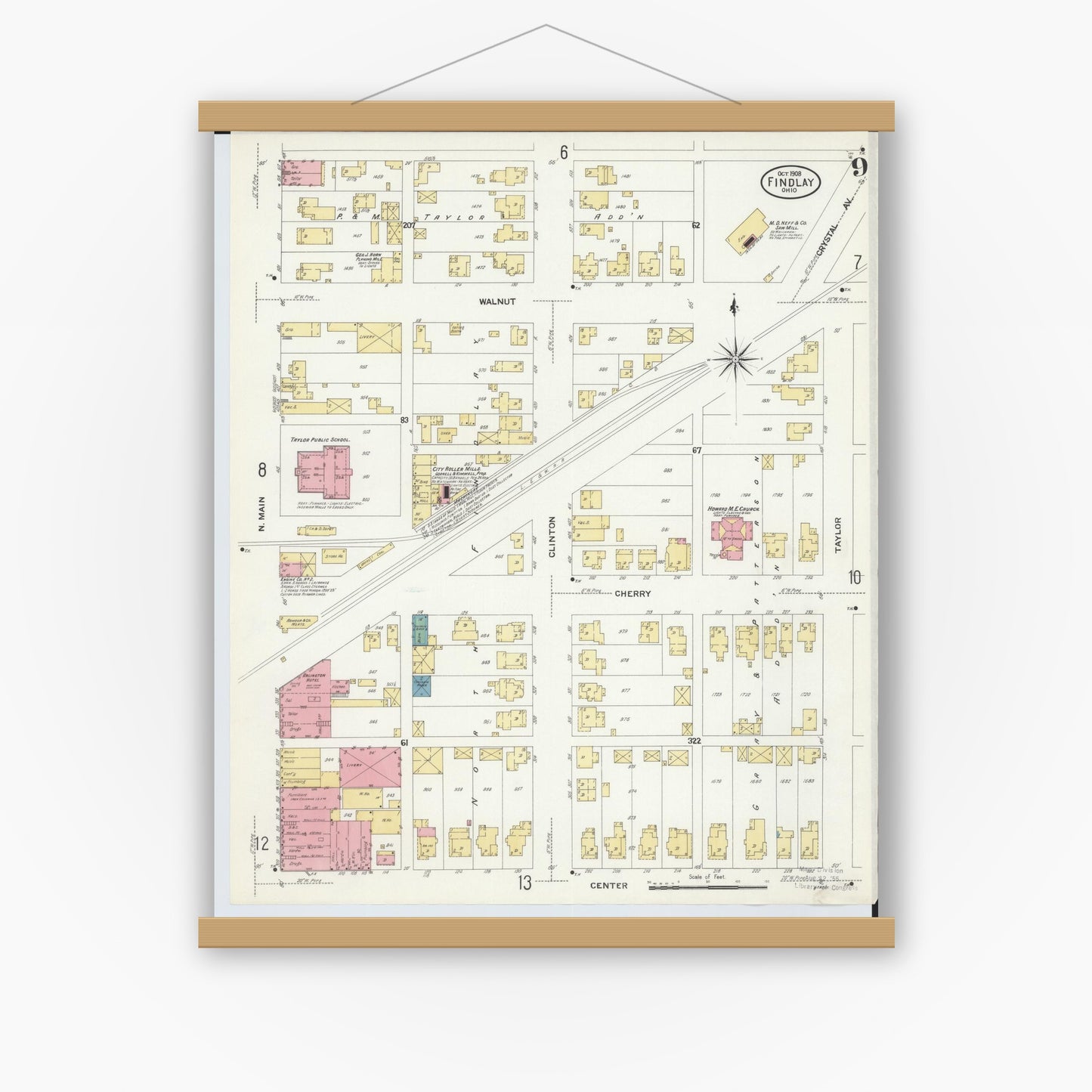 Old map wall art mockup — magnetic wood frame on white wall — Sanborn Fire Insurance Map from Findlay, Hancock County, Ohio (1908), Sheet #0009