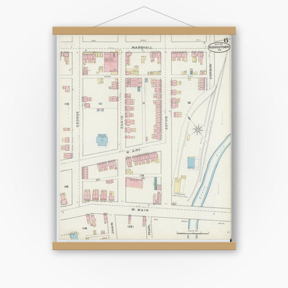 Old map wall art mockup — magnetic wood frame on white wall — Sanborn Fire Insurance Map from Norristown, Montgomery County, Pennsylvania (1891), Sheet #0006