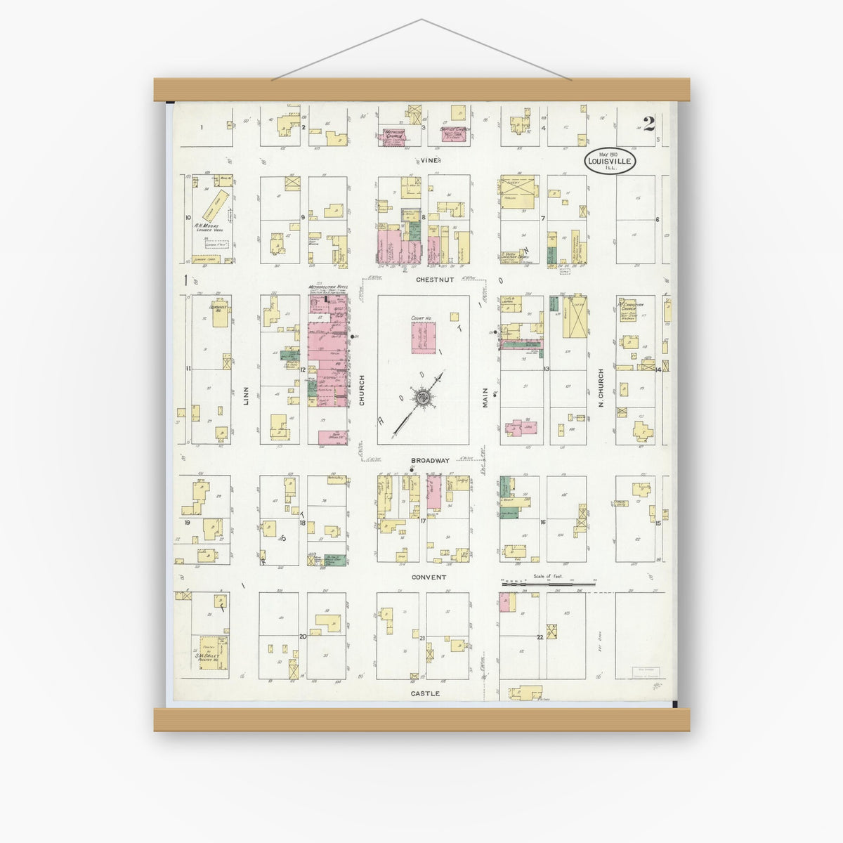 Old map wall art mockup — magnetic wood frame on white wall — Sanborn Fire Insurance Map from Louisville, Clay County, Illinois (1910), Sheet #0002
