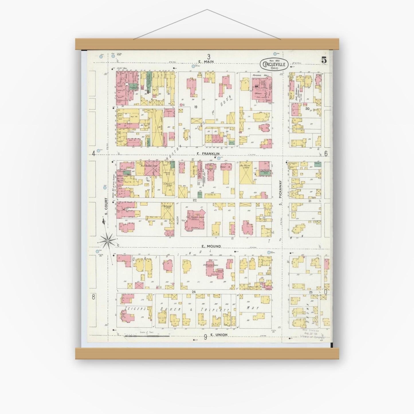 Old map wall art mockup — magnetic wood frame on white wall — Sanborn Fire Insurance Map from Circleville, Pickaway County, Ohio (1899), Sheet #0005