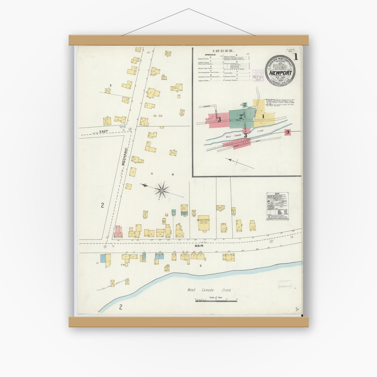 Old map wall art mockup — magnetic wood frame on white wall — Sanborn Fire Insurance Map from Newport, Herkimer County, New York (1904) - Complete Map Set