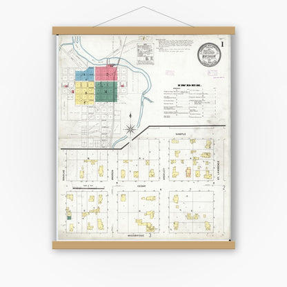 Old map wall art mockup — magnetic wood frame on white wall — Sanborn Fire Insurance Map from Nashua, Chickasaw County, Iowa (1909) â€” Complete Set