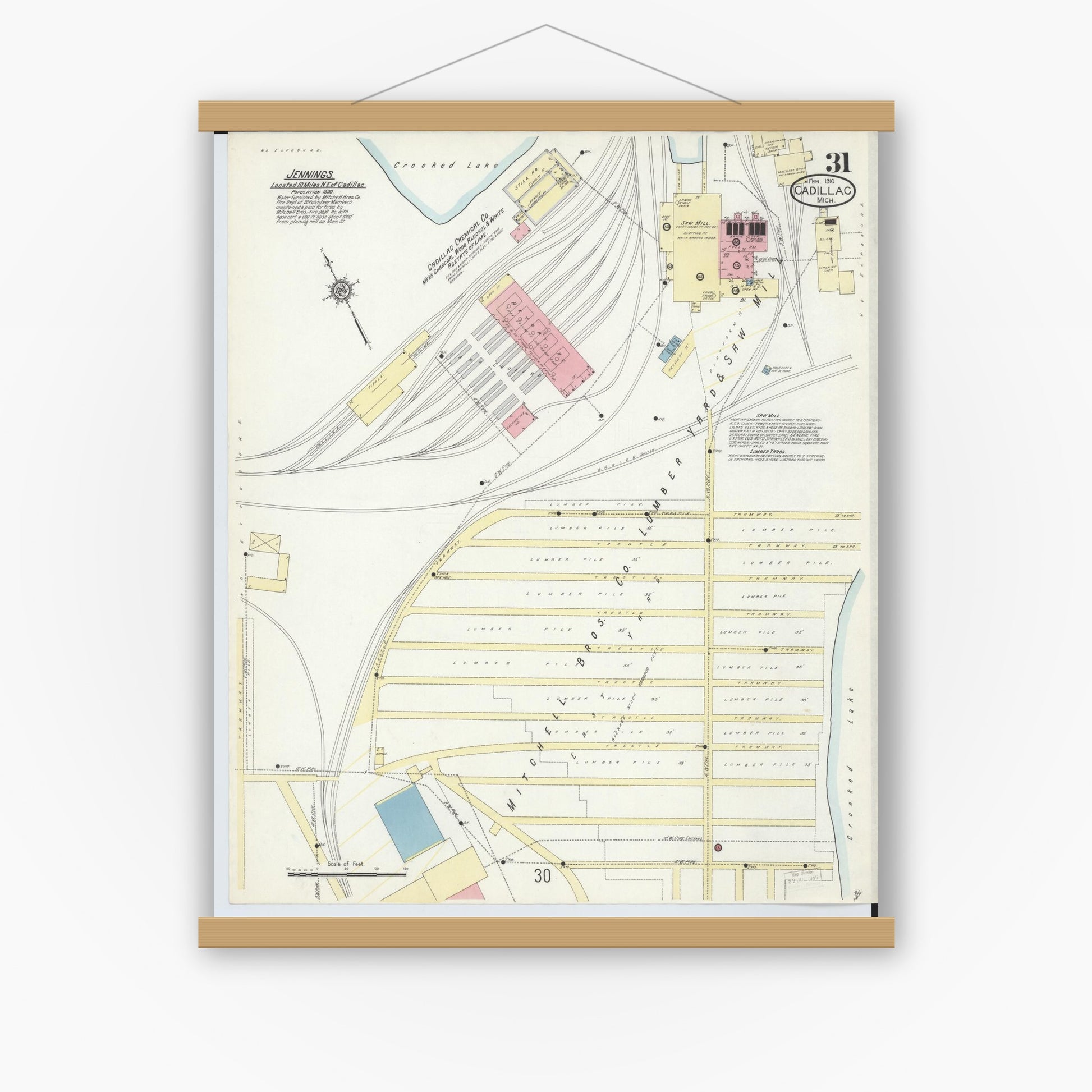 Old map wall art mockup — magnetic wood frame on white wall — Sanborn Fire Insurance Map from Cadillac, Wexford County, Michigan (1914), Sheet #0031