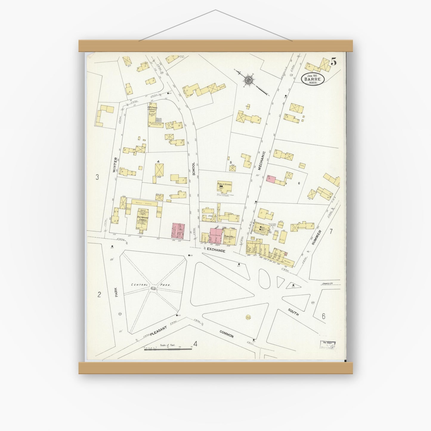 Old map wall art mockup — magnetic wood frame on white wall — Sanborn Fire Insurance Map from Barre, Worcester County, Massachusetts (1911), Sheet #0005