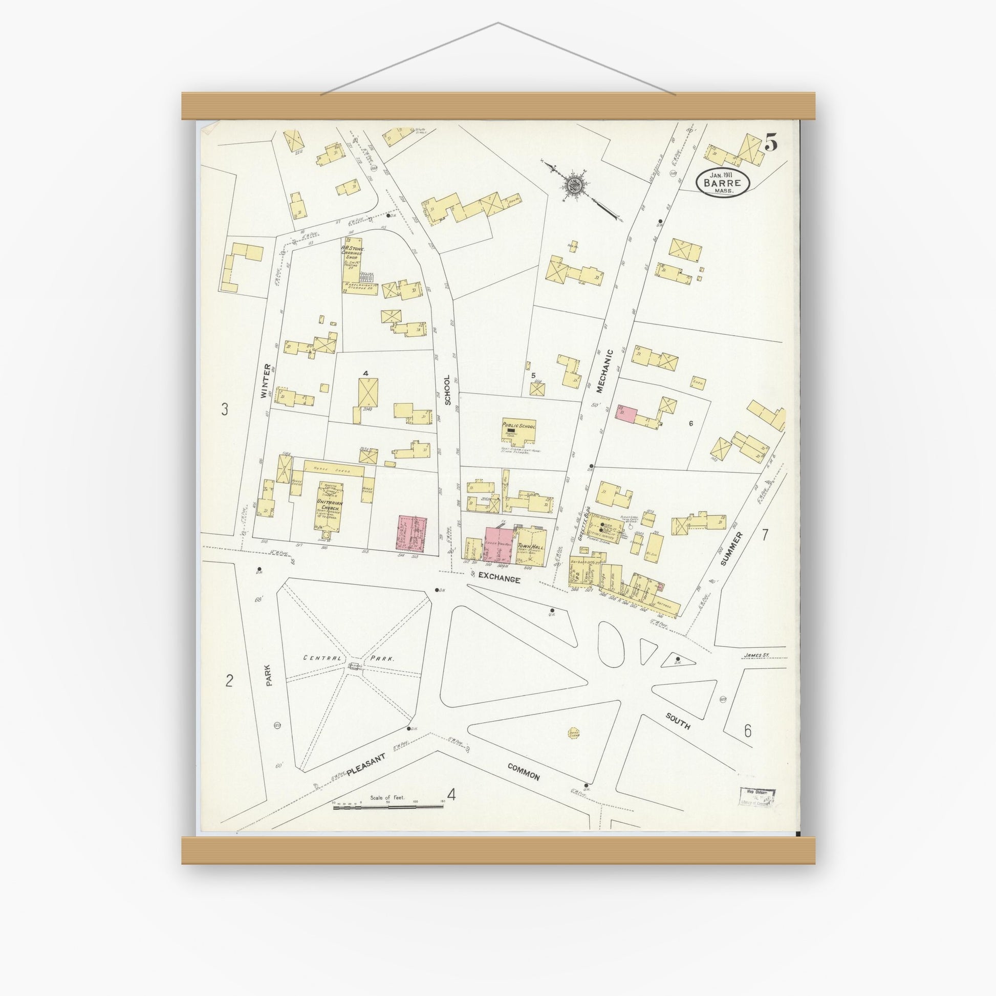 Old map wall art mockup — magnetic wood frame on white wall — Sanborn Fire Insurance Map from Barre, Worcester County, Massachusetts (1911), Sheet #0005