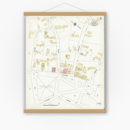 Old map wall art mockup — magnetic wood frame on white wall — Sanborn Fire Insurance Map from Barre, Worcester County, Massachusetts (1911), Sheet #0005