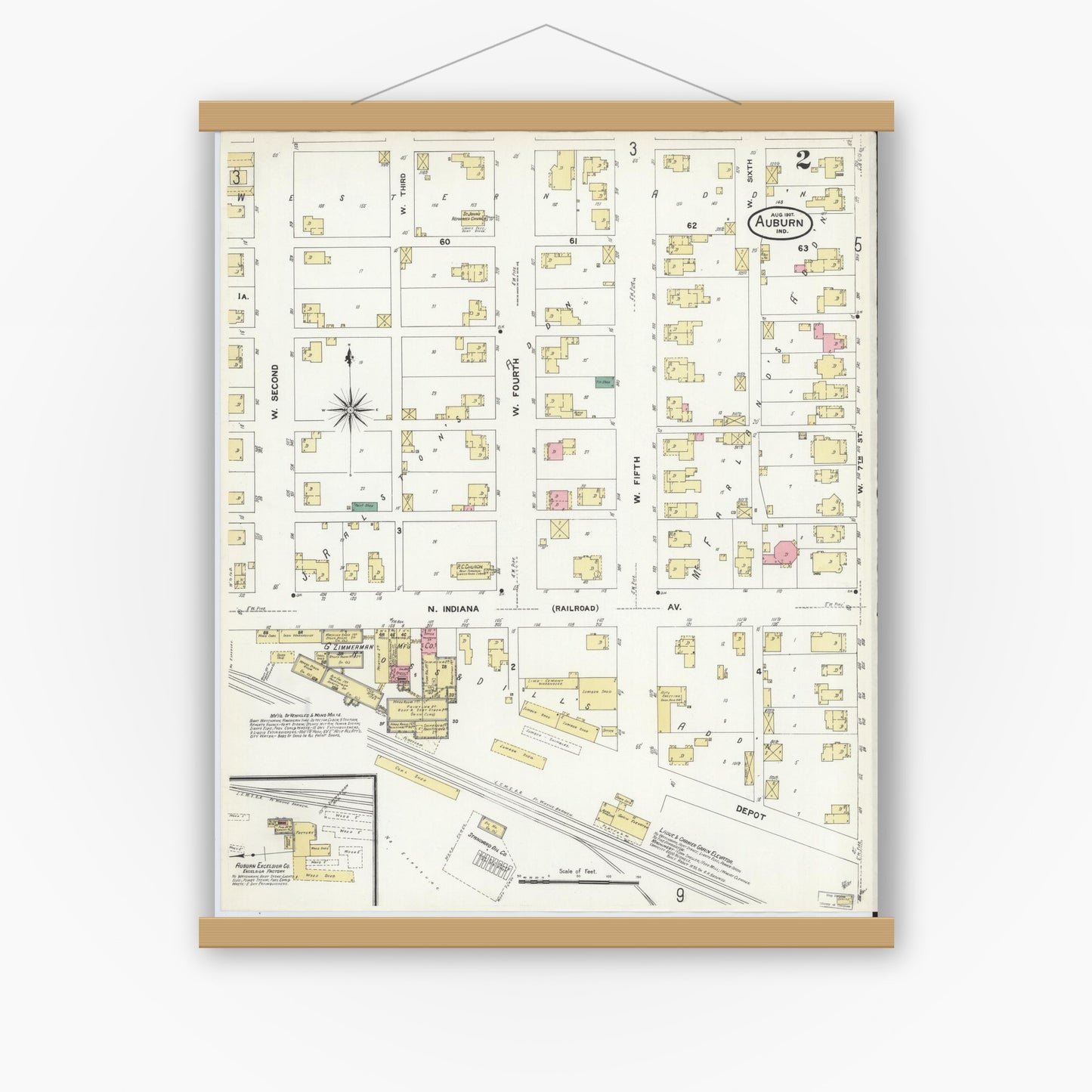 Old map wall art mockup — magnetic wood frame on white wall — Sanborn Fire Insurance Map from Auburn, De Kalb County, Indiana (1907), Sheet #0002