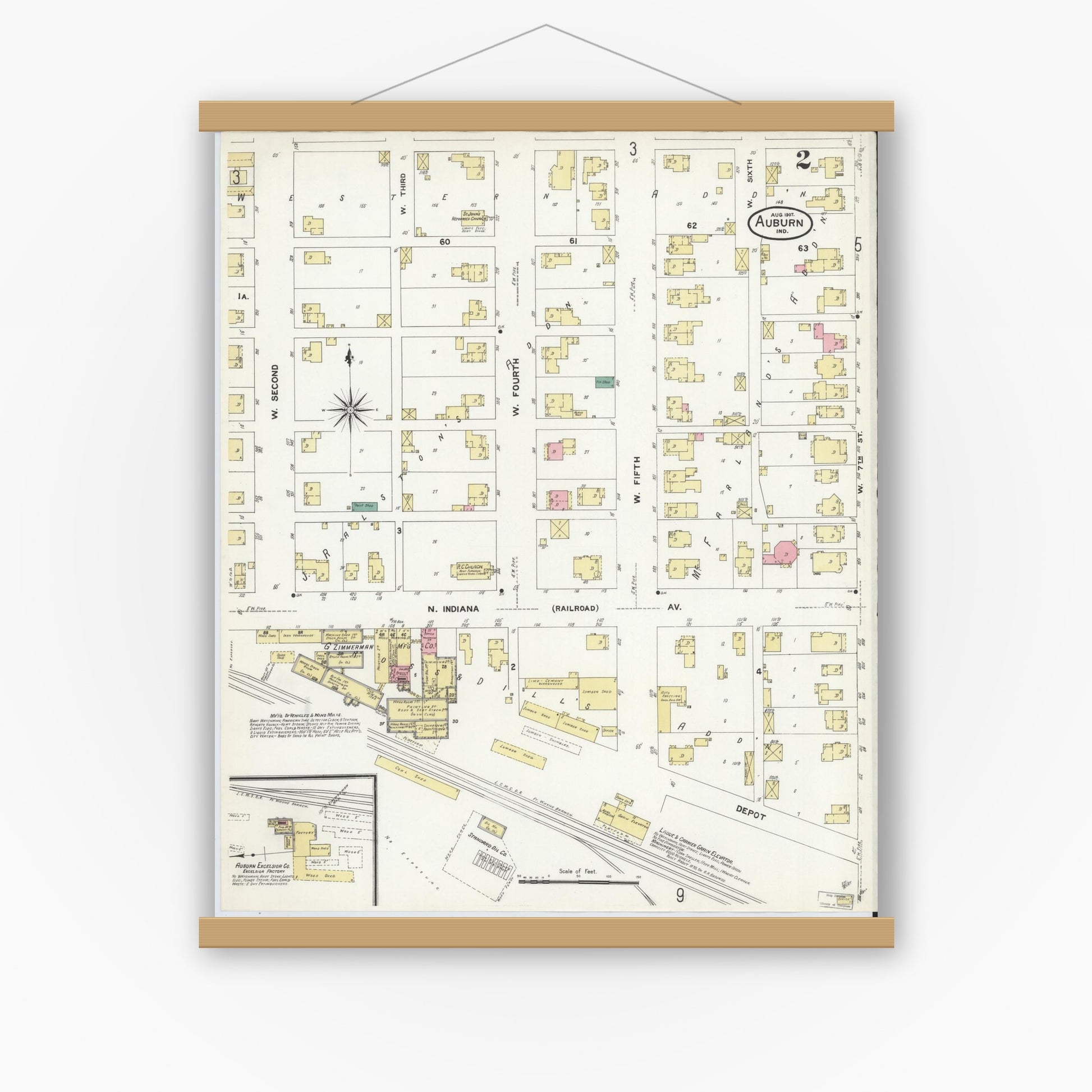 Old map wall art mockup — magnetic wood frame on white wall — Sanborn Fire Insurance Map from Auburn, De Kalb County, Indiana (1907), Sheet #0002