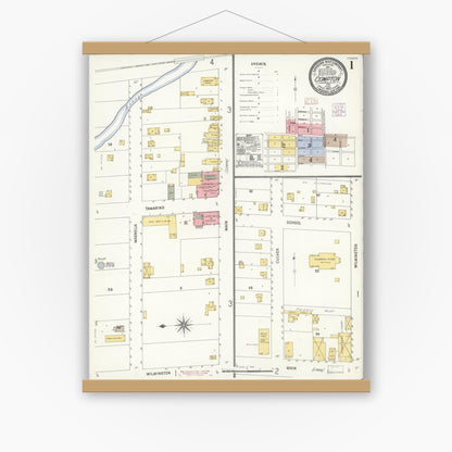 Old map wall art mockup — magnetic wood frame on white wall — Sanborn Fire Insurance Map from Compton, Los Angeles County, California (1907), Sheet #0001